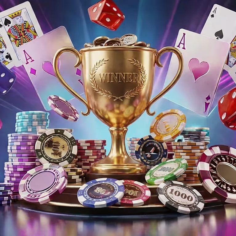 Rainbet Casino featuring a poker table stacked with chips and cards in a modern high-rise lounge overlooking the city skyline.